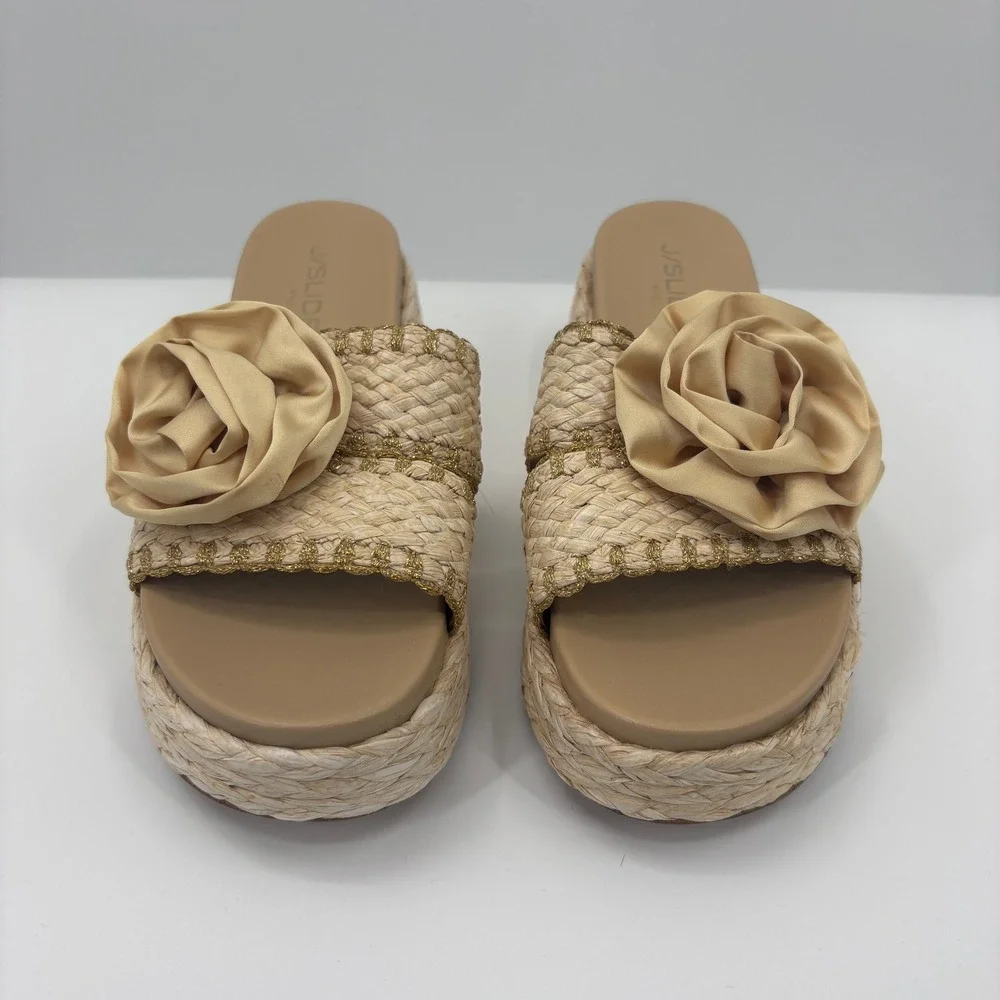 JSlides Tan Bree Rose Raffia Espadrille Platform Wedge Slide Sandals Womens 9
